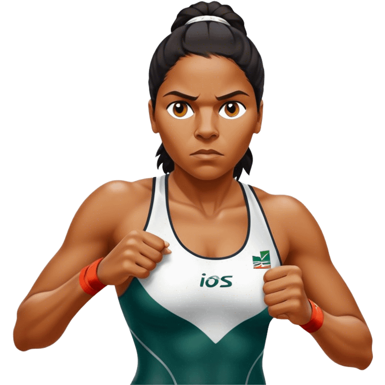 Cinematic Realistic portrait of Cathy Freeman, shown as an iconic Australian athlete with a focused, determined expression and modern athletic attire accented with subtle native motifs, rendered in dynamic, vibrant lighting emoji