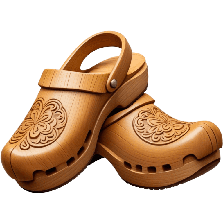 Cinematic Realistic Wooden Clogs Emoji, depicted as a pair of traditionally carved wooden clogs with intricate details and rustic charm. emoji