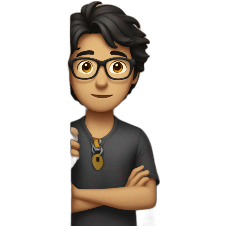 young dark-haired man with glasses struggling to lock a wooden door emoji