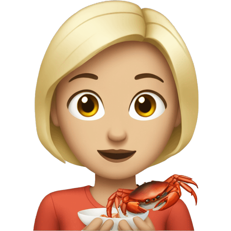 A white woman with short black hair getting ready to eat a crab. emoji