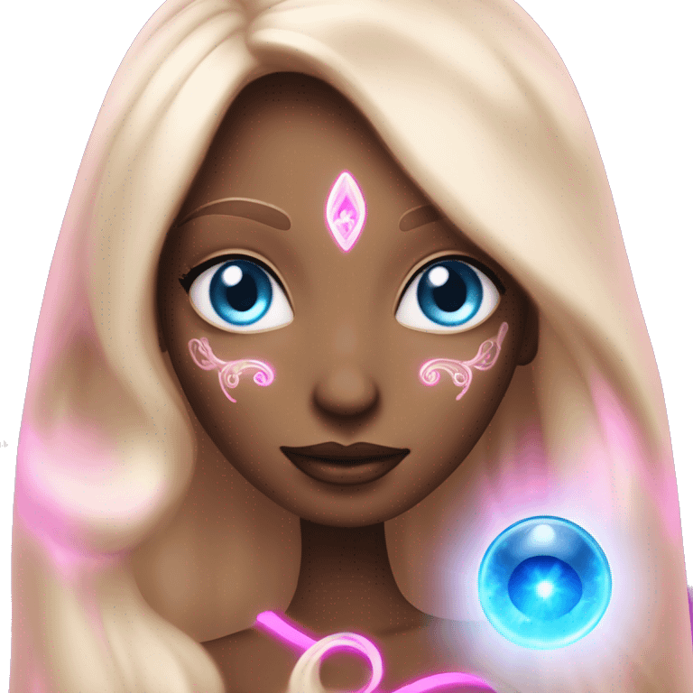 magical diva with pink andromedan skin long hair and blue eyes glowing third eye emoji