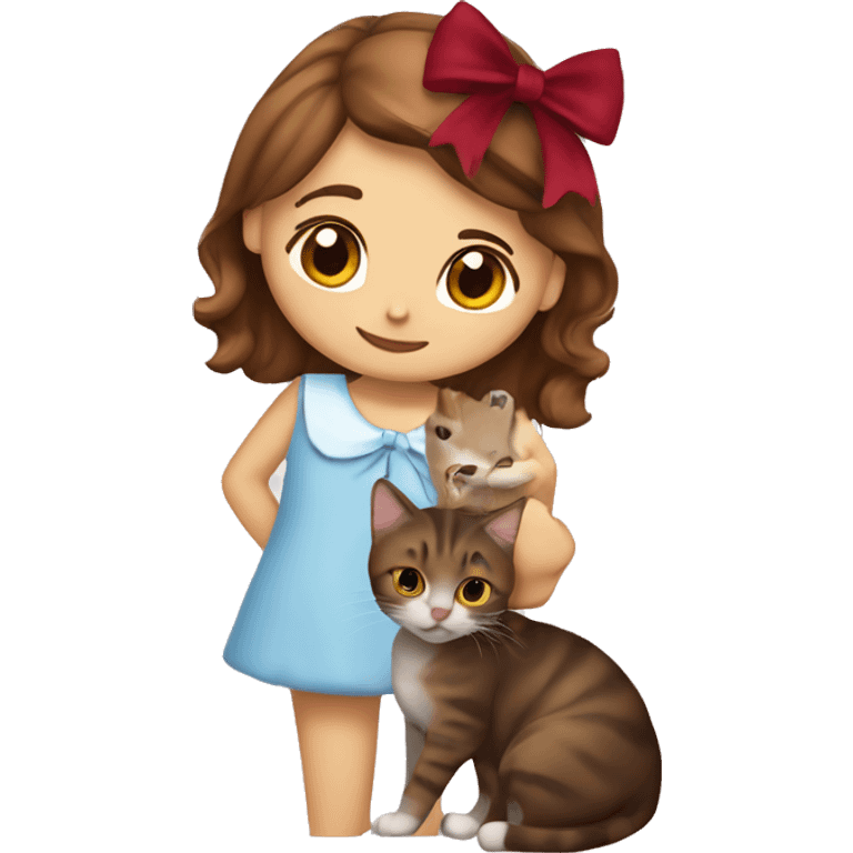 A girl with brown hair en brown eyes hugging a tabby cat kitten with a wine red bow on her head emoji