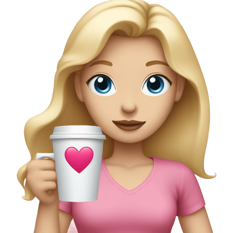 Girl with blonde hair and blue eyes holding a coffee with a heart on it wearing a pink top emoji