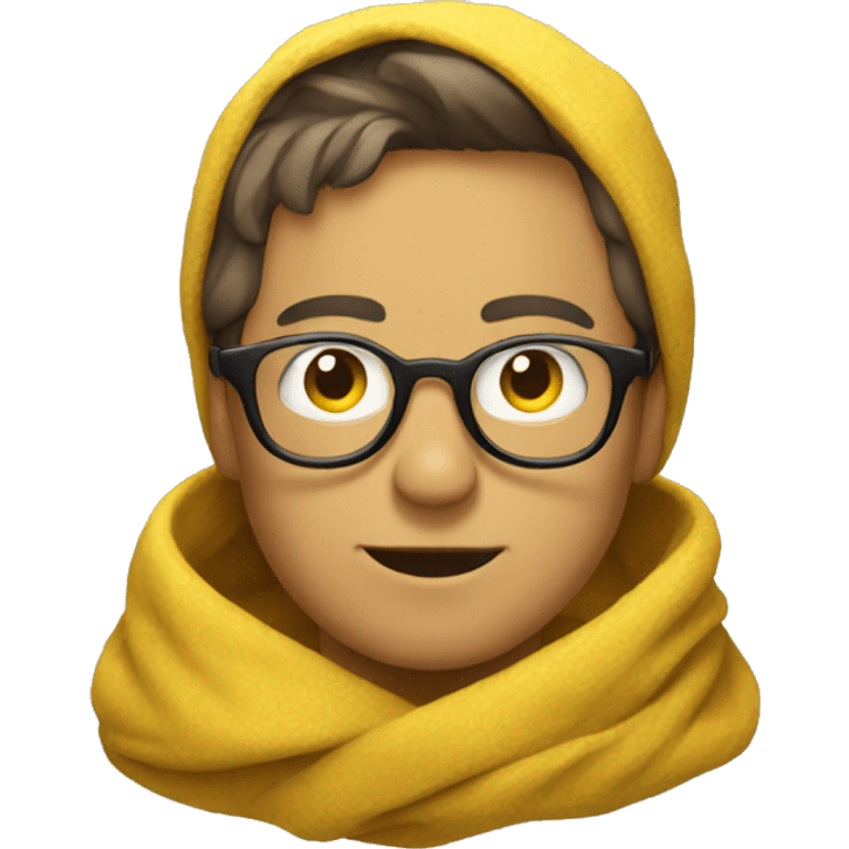 Man with glasses wrapped in yellow blanket emoji