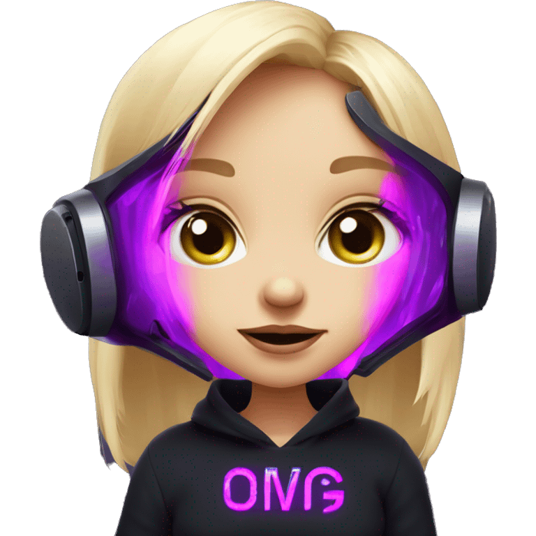 Russian cute blond girl wearing black hoody with violet letters "OMG", in vr headset. Cyberpunk style. Violet neon. emoji