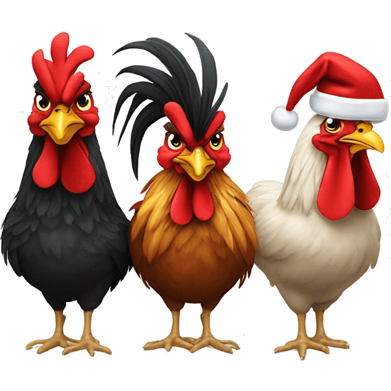 One rooster and two hens wearing Santa hats. emoji