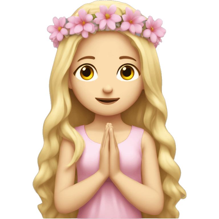 caucasian with Long blonde hair praying girl with pink flora in hands and floral crown emoji