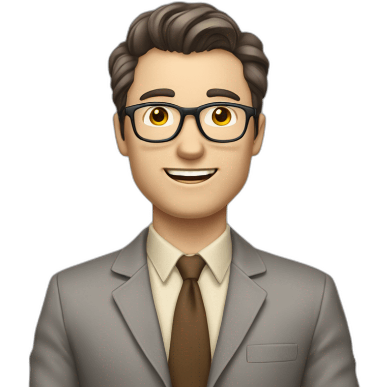 To belt Actively gesturing with hands Pale skinned fit man with dark brown hair in gray jacket, beige office shirt, brown tie, brown pants and vintage glasses. emoji