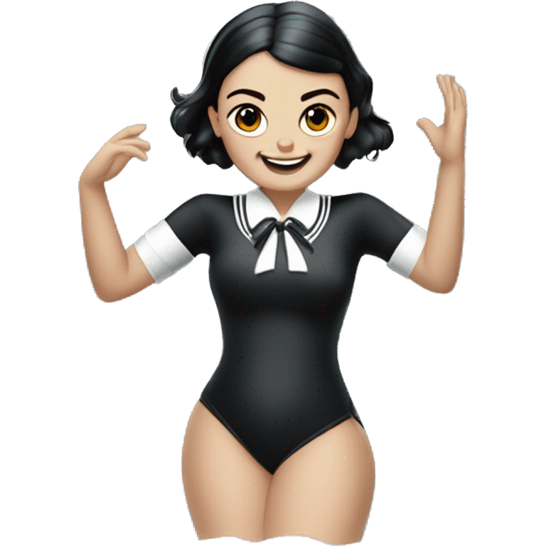 School Loving Skipper, Wednesday Addams, Smiling, dancing on a rock. Wearing organza voile shiny piece swimsuit.  emoji