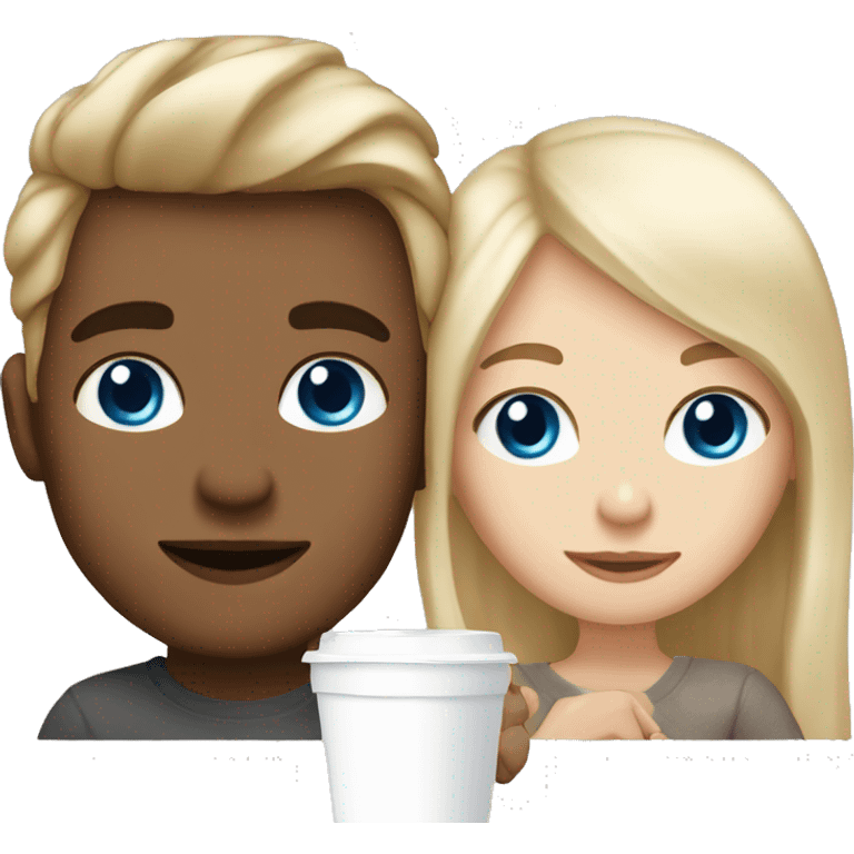 blonde hair with blue eyes boy and girl brunnete with brown eyes girl, both white skin drinking latte emoji