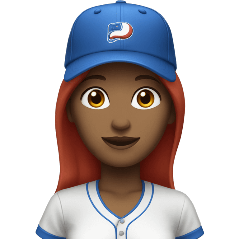 front facing standing up female coach with long red hair, wearing a white t-shirt and a simple baseball blue hat emoji