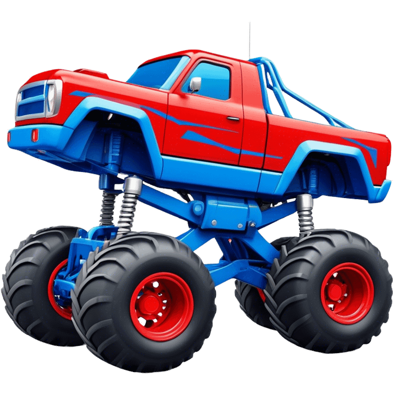 Avenger - Monster Jam (Model Year: 2021) (Iconic colour: Blue and red) - A dynamic monster truck with a split-color scheme: predominantly blue accented by bold red elements. Focus on strong, angular lines and vivid contrasting colors that evoke high energy and a futuristic, rebellious style. emoji