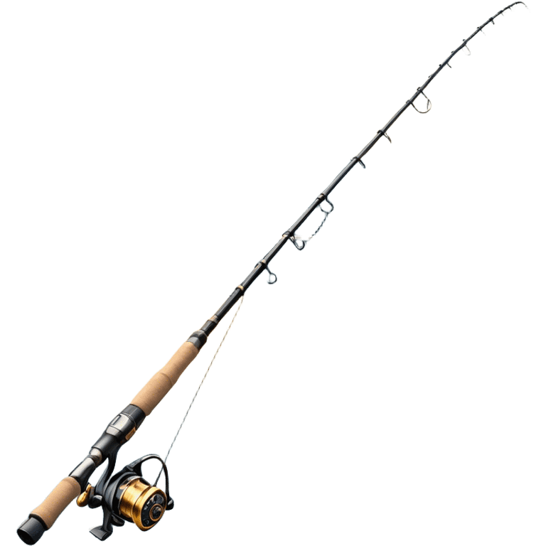 Cinematic Realistic Fishing Rod, sleek graphite rod with a smooth, polished reel, thin line disappearing into a shimmering lake, warm golden sunlight reflecting off the water, glowing with a tranquil and adventurous aura. emoji