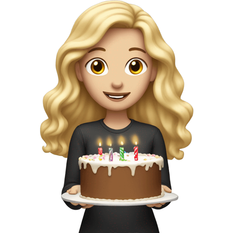 White woman, long hair, blonde hair, wavy hair, holding birthday cake emoji