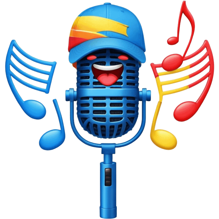 Create a dynamic and energetic emoji that represents beatboxing. The design should feature a microphone with a singing mouth and soundwaves or rhythmic beats emanating from it, symbolizing the vocal percussion and rhythm of beatboxing. Add a cap placed on top of the microphone to reflect street culture and the individuality of the performer. Include musical notes floating around to emphasize the musicality. Use bold, vibrant colors like neon blue, red, and yellow to convey energy and excitement. The background should be transparent. emoji