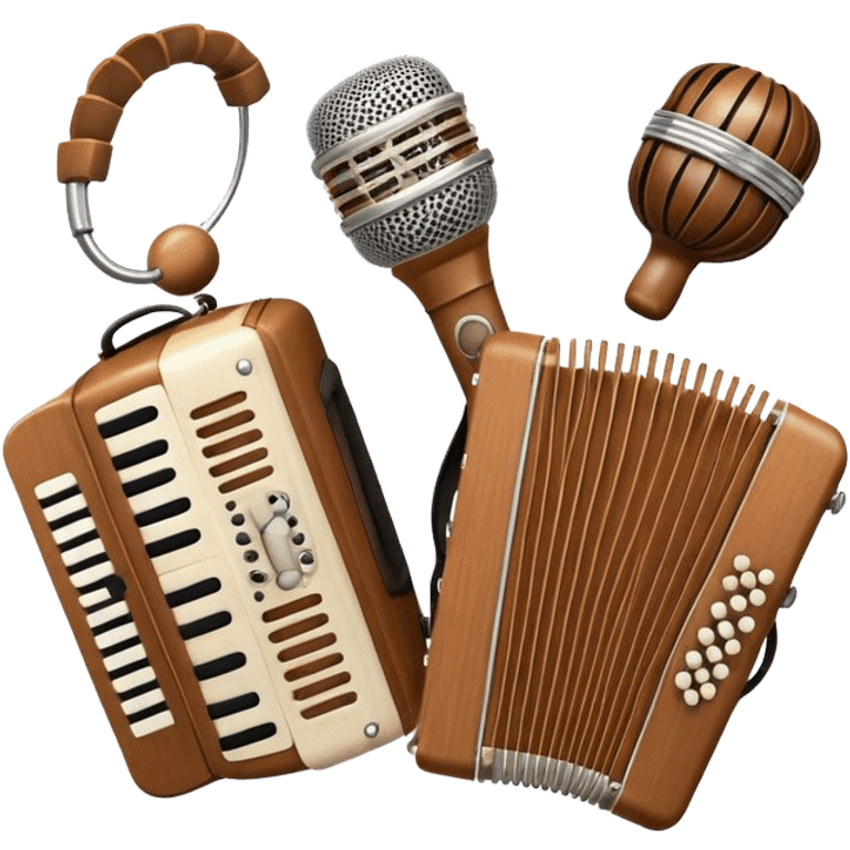 Create a warm and inviting humanless emoji representing folk singing. The design should feature a traditional microphone, perhaps with a wooden texture, symbolizing the rustic and authentic feel of folk music. Surround the microphone with subtle elements such as a hand-played tambourine, an accordion, or a balalaika to reflect the folk instruments. Add flowing musical notes to symbolize the vocal melodies. Use earthy, natural colors like browns, reds, and greens to evoke a sense of tradition, warmth, and connection to the community. The background should be transparent. emoji