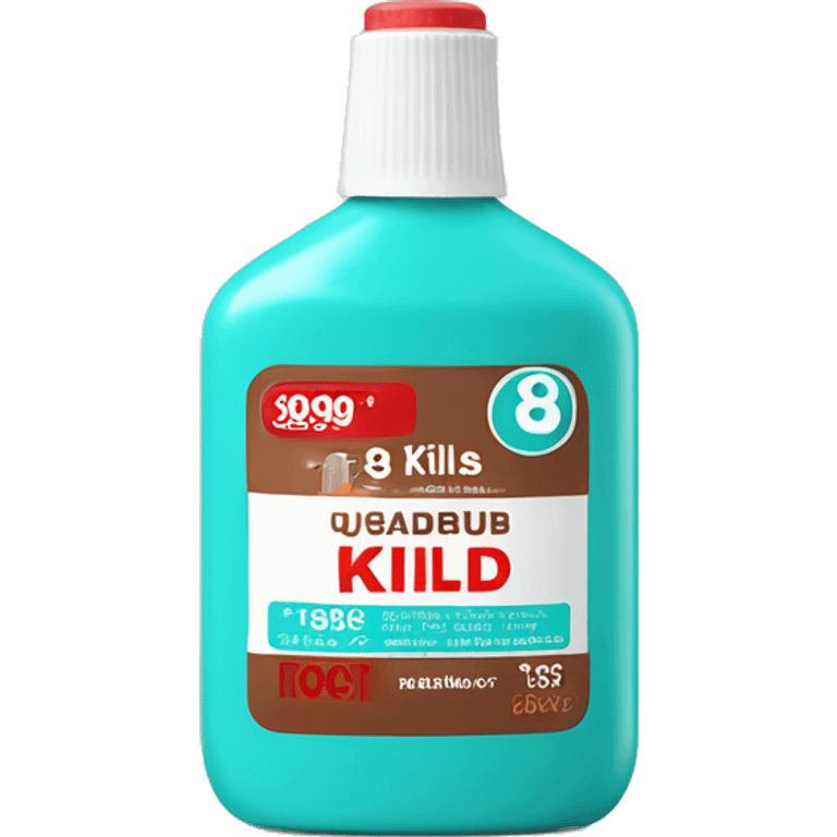 Turquoise Mouthwash bottle with white stickers and brown cap . the white stickers have small red letters that say kills 99% of batería  emoji