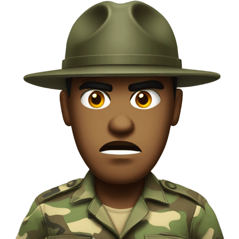 drill sergeant character wearing a classic sergeant hat and a camouflage army shirt. The character should have an angry intense expression. full torso emoji