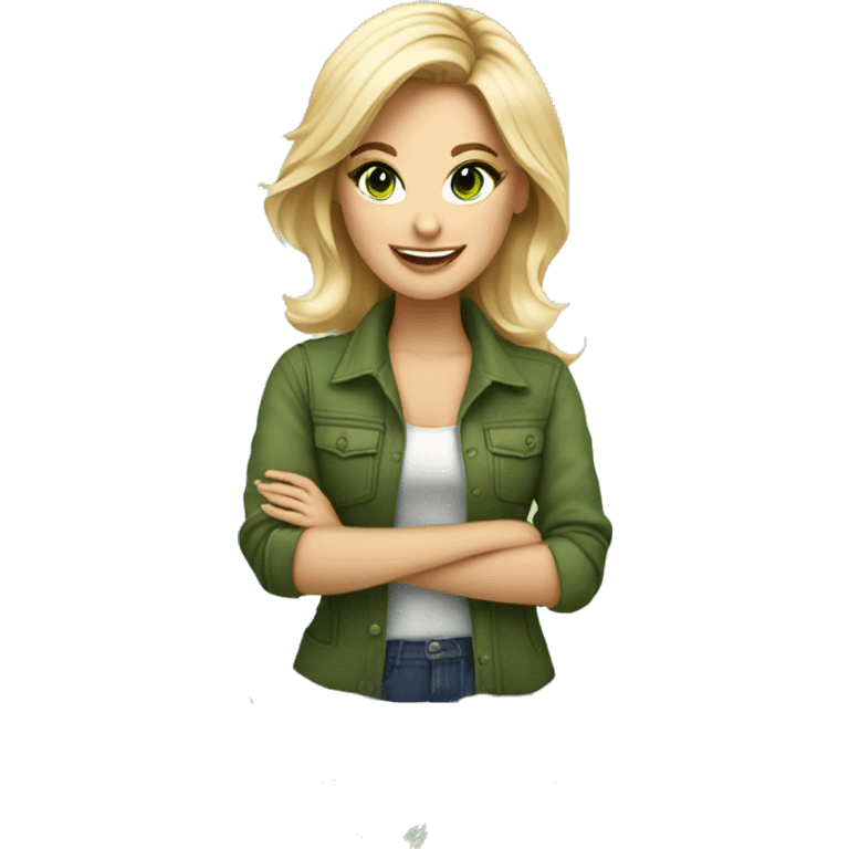 interior designer girl with blond hair to her chest and green eyes, surrounded by her design tools for creating interior design. happy about feedback from clients or talking to a client emoji