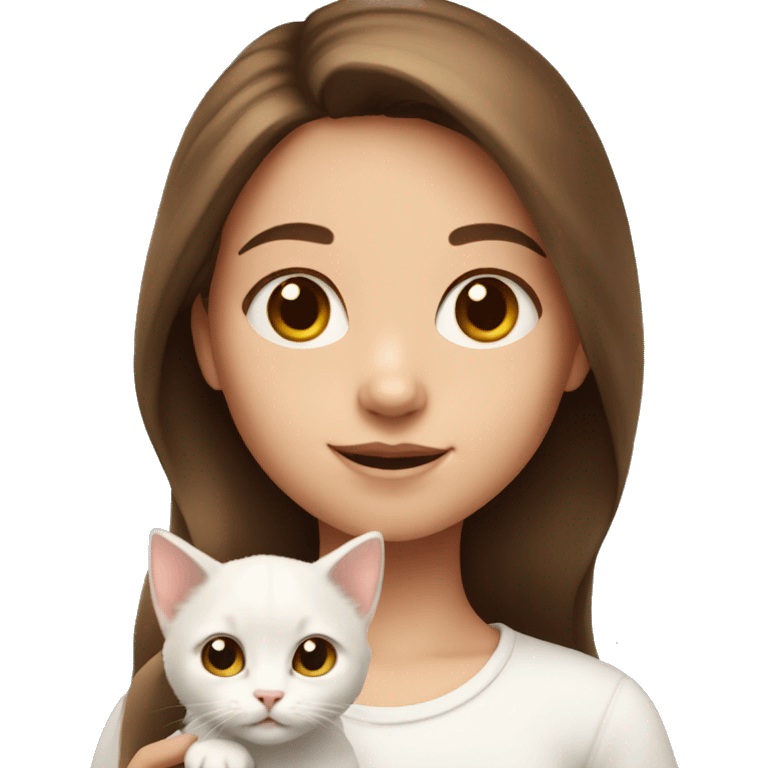 Little girl with brown hair holding a white kitten emoji