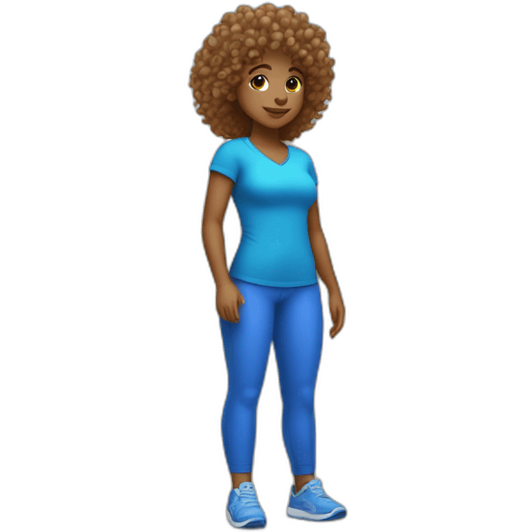 A curly kid, wearing blue clothes and using her insulin pump while playing in a park. emoji