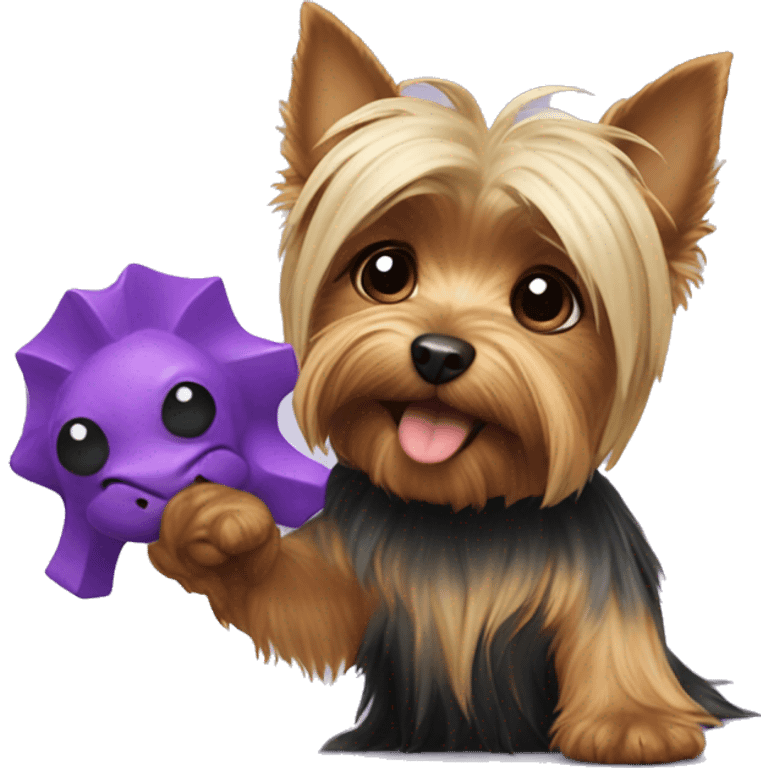 Yorkshire terrier holding a violet dinosaur toy  emoji