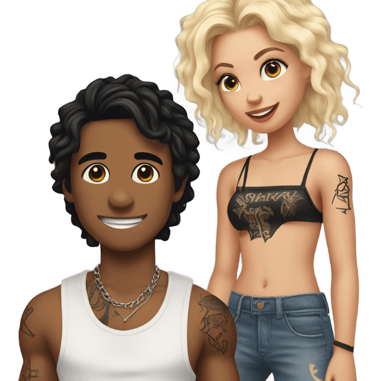 A black hair boy with tattoos with a blonde girl wearing a Shakira lace up croc top  emoji