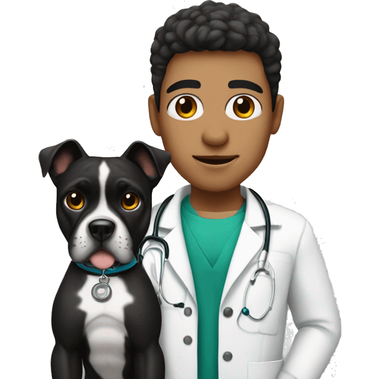 Young Mexican doctor with big black boxer dog with white face emoji