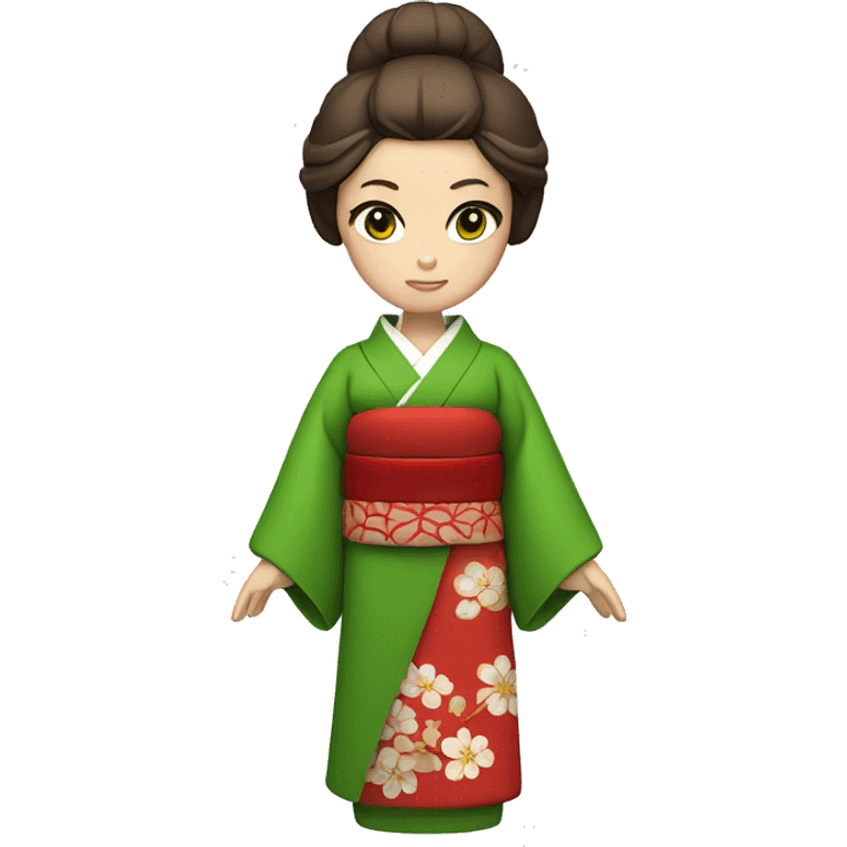 Geisha with red kimono. Intense green eyes and brown hair  emoji