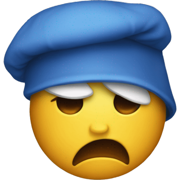 Angry emoji wearing a blue nightcap emoji