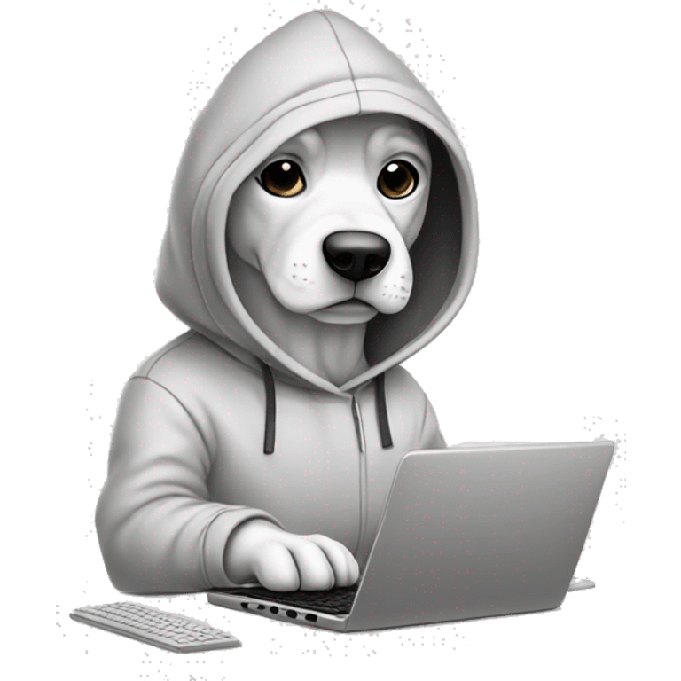 Dog wearing hoodie typing in keyboard. Line drawing emoji