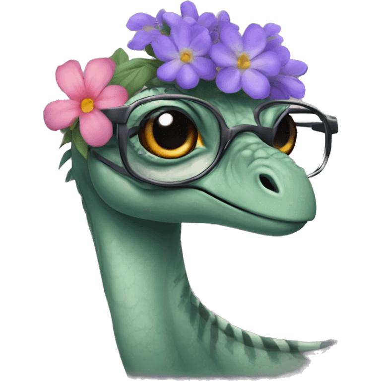 cute girly velociraptor with flowers and glasses emoji