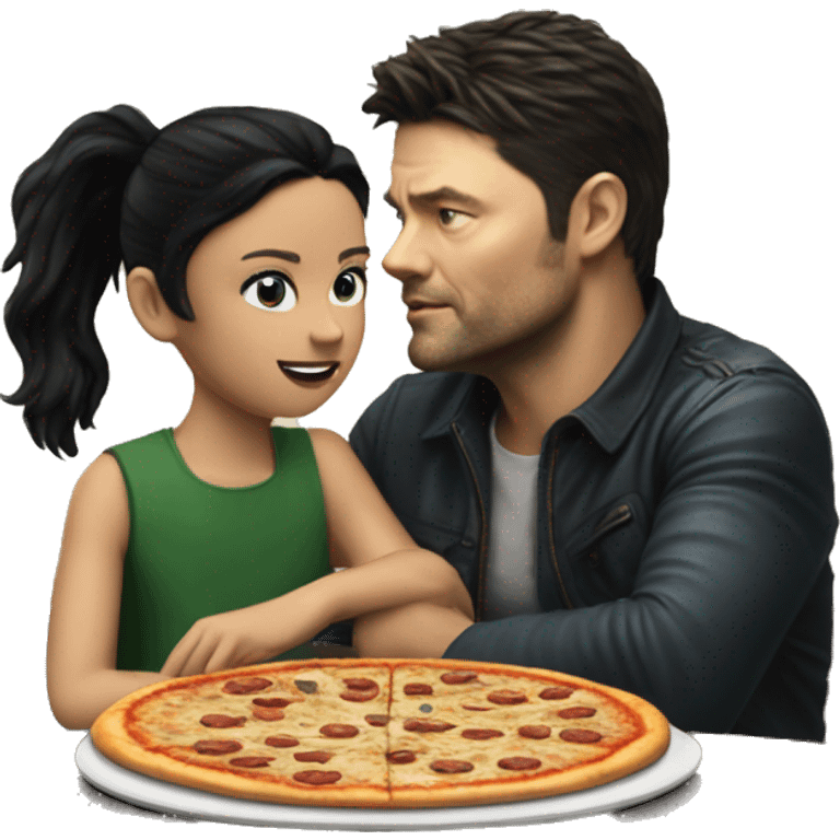 karl urban sitting at a table eating pizza with small white girl with black hair emoji