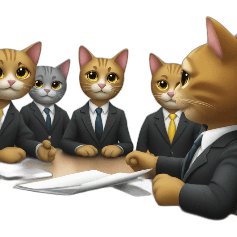 cats in business suits sit at the table at a meeting emoji