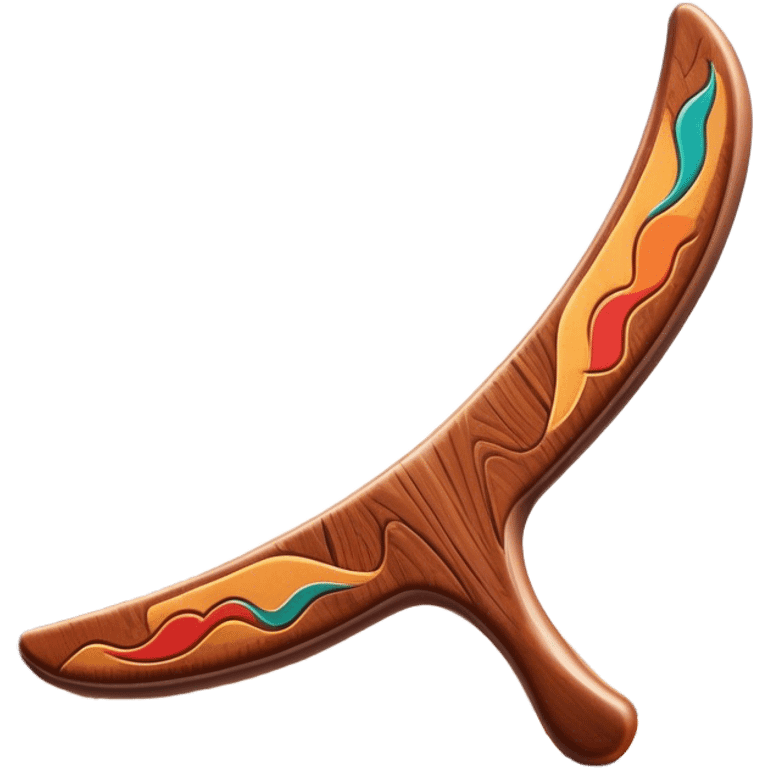 Cinematic Realistic image of a classic boomerang, rendered with detailed wood grain textures and vibrant colors, set against a sunlit outback landscape that emphasizes its iconic Australian heritage emoji