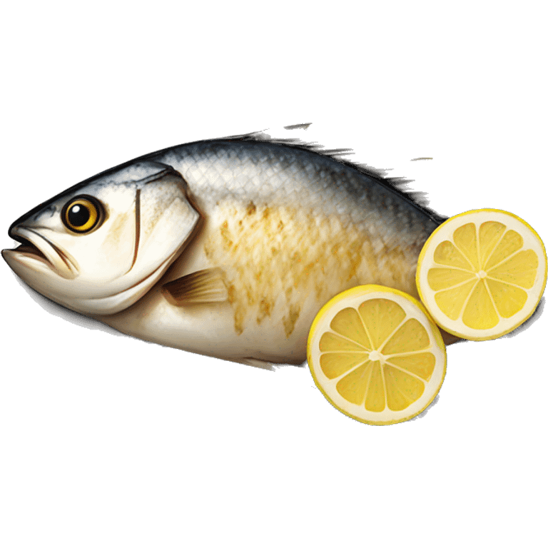 Realistic grilled fish on plate with lemon on the side emoji