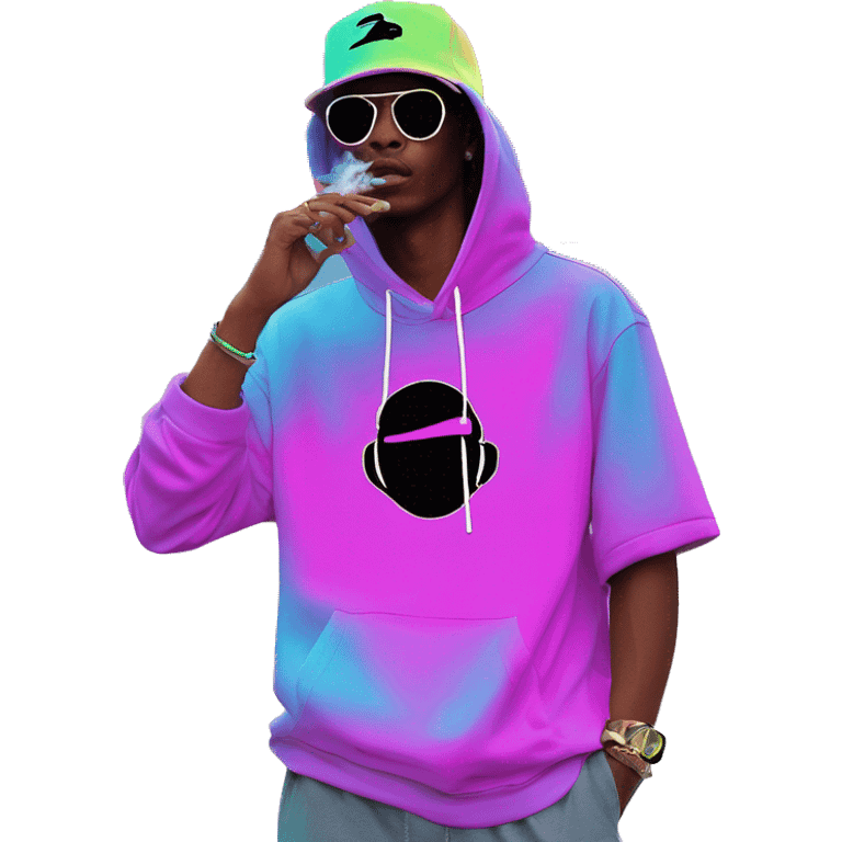 Multicoloured neon Vaporwave person smoking wearing hoodie dancing hip hop bucket hat tropical Skater fashion aesthetic baggy clothes graphic t shirt 420 emoji