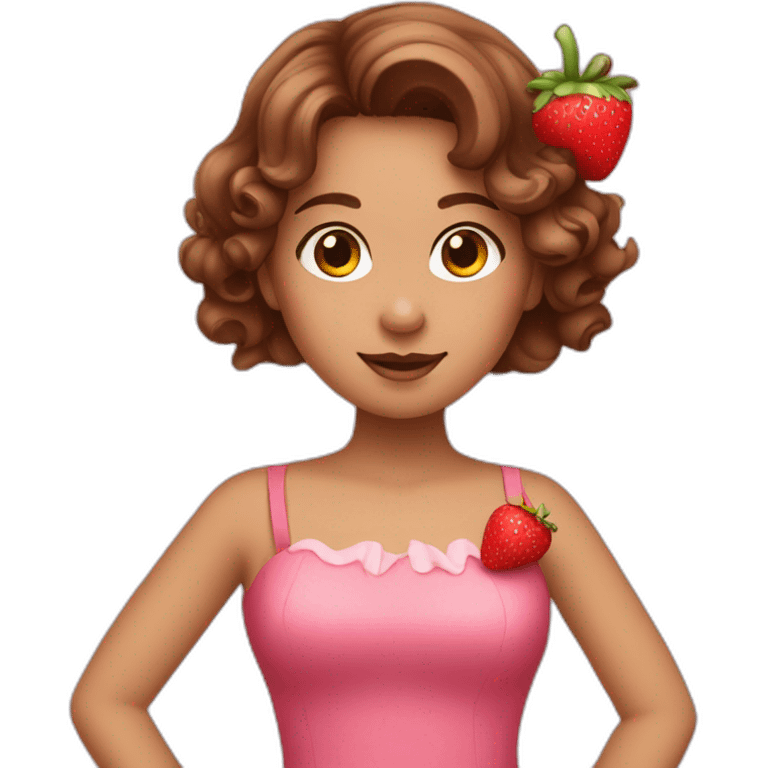 Girl with brown wavy hair and a pink dress and strawberry decorations emoji