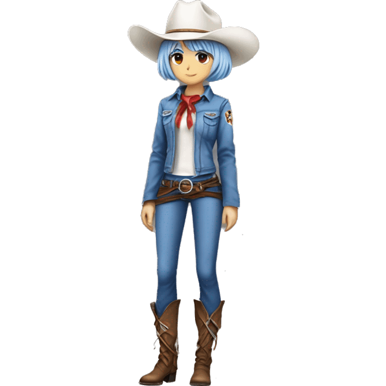 Rei ayanami in a cowboy costume, teen, full body. Only front view, no expression on the face. Make it genZ, stylist and cool, super realistic emoji