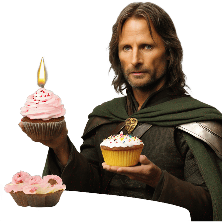 Viggo Mortenson as Aragorn holding a cupcake with a birthday candle in it emoji