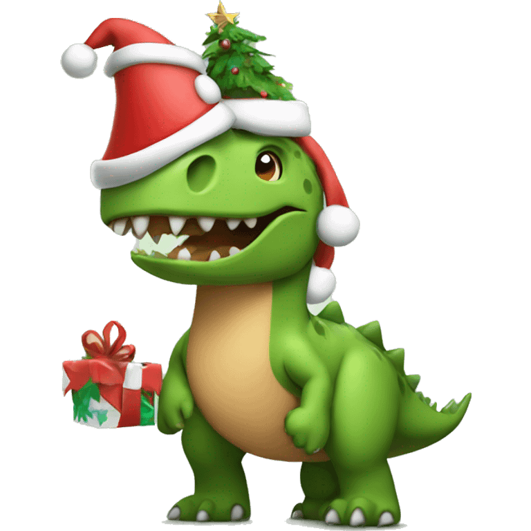 Dinosaur with Christmas hat with tree emoji