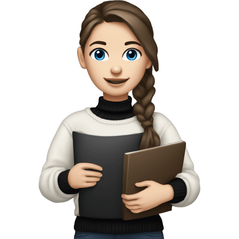 caucasian white IT girl student, holding laptop, blue eyes, dark brown hair ponytail wearing a thick black sweater emoji