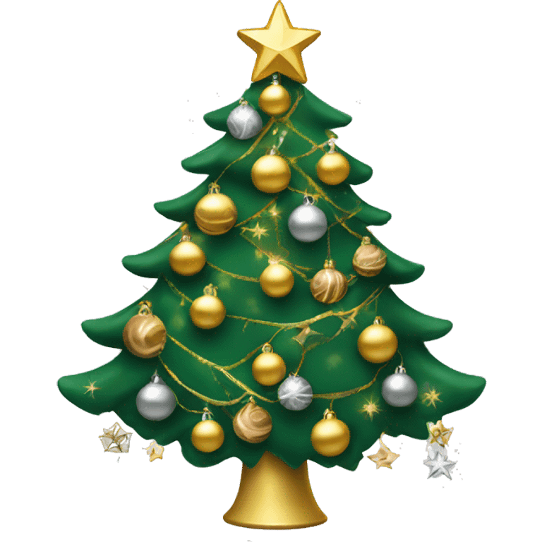 Green Christmas tree with 20 gold and silver ornaments and Christmas lights emoji