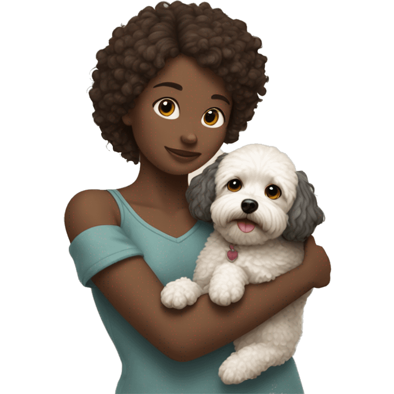 Dark-red-haired girl hugs  her Maltipoo-Black-dog emoji