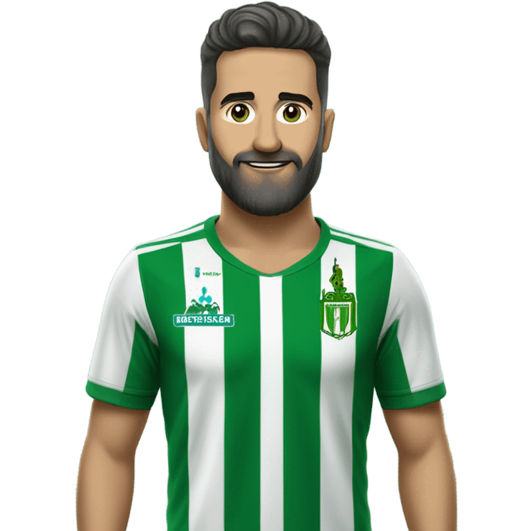 Un aficionado calvo con barba seguidor del equipo de fútbol de la liga Del Real Betis Balompié, es decir, camiseta verde y blanca con 13 rayas verticales emoji