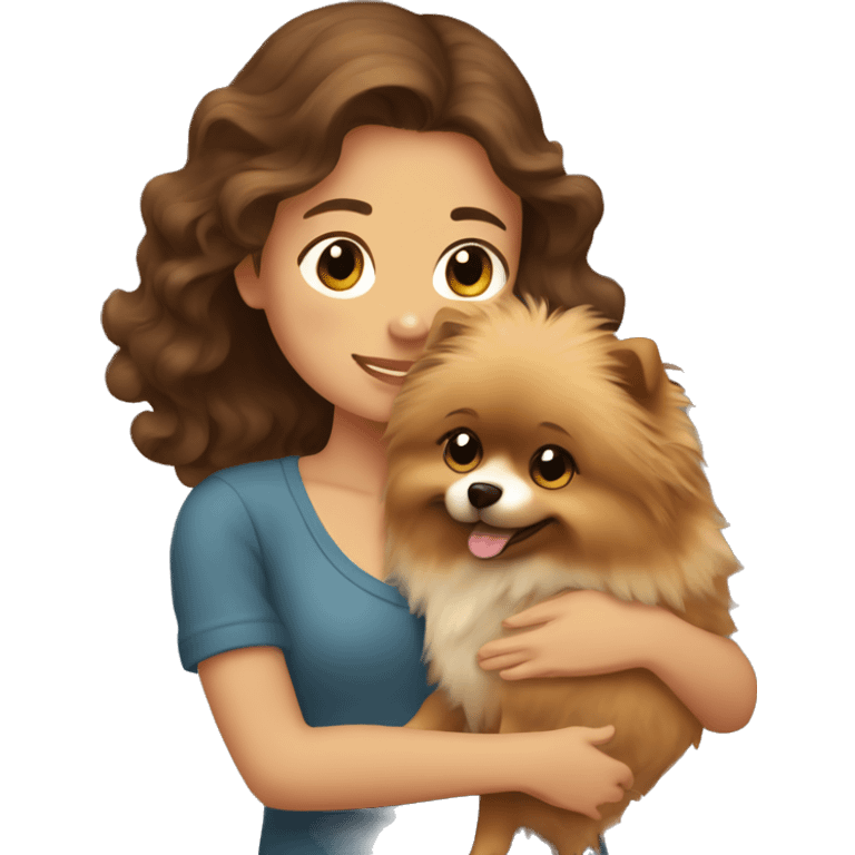 brown wavy haired girl hugging Pomeranian dog  emoji