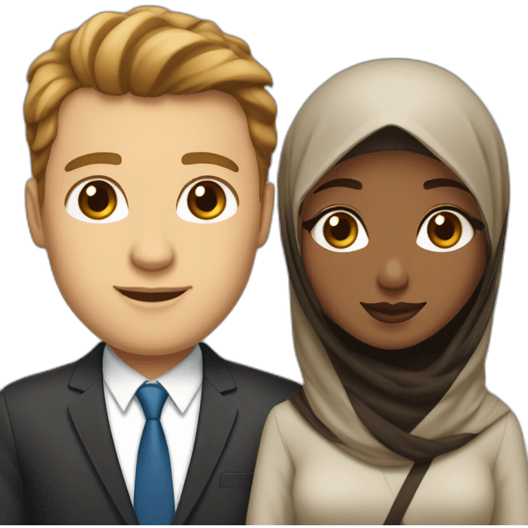 Short brown haired White guy in suit in interracial relationship with BROWN skinned hijabi woman emoji