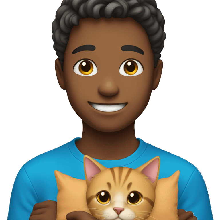 smiling boy in blue shirt with cat emoji