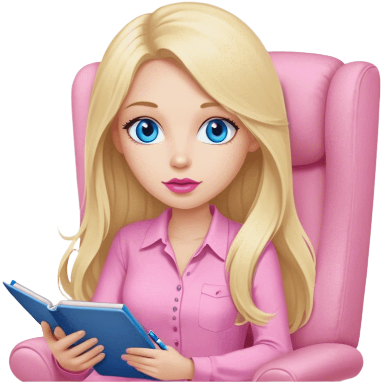 Cinematic realistic blonde with long hair, blue eyes and pink lips, dressed in a pink shirt, sits in a beige armchair with a notebook and pen in her hands emoji