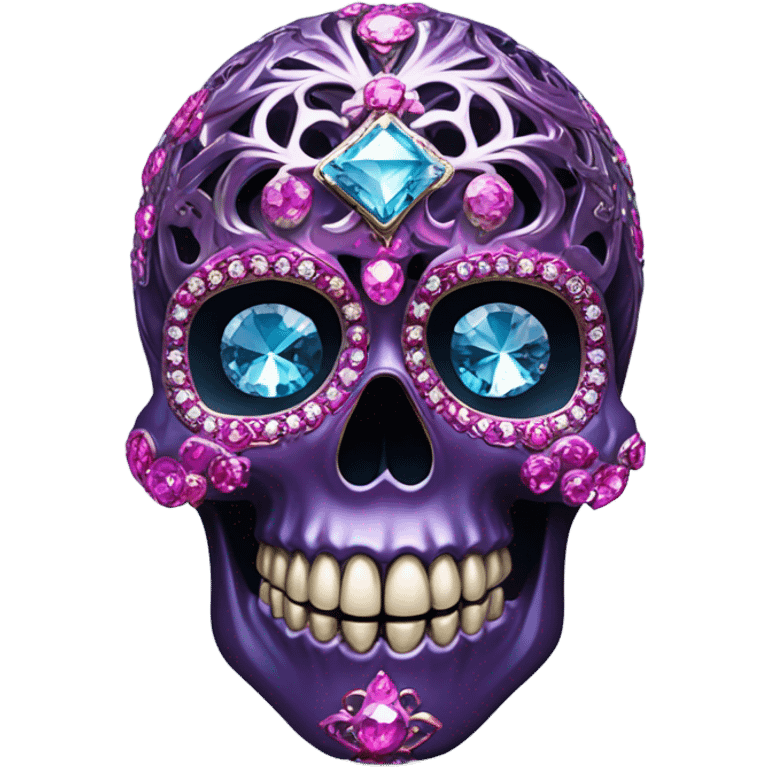 Realistic isolated metallic ornate dark purple,magenta,light blue,and hot pink filigree skull decorated with shiny diamonds and rhinestones.  emoji